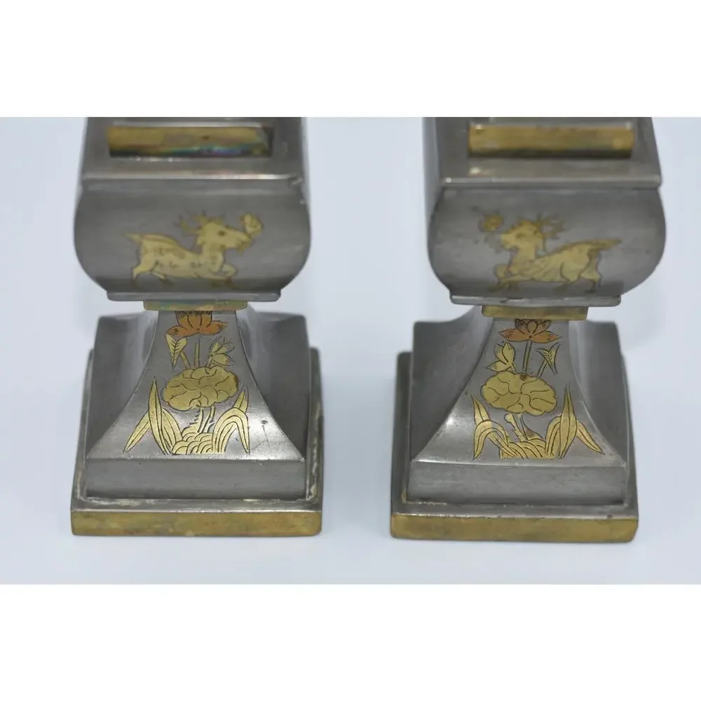 Chinese Pewter & Brass Temple Alter Candlesticks Joss Stick Holder Garniture